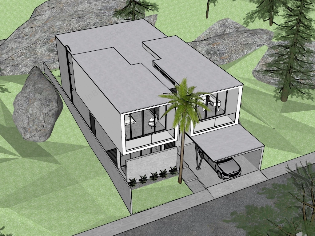 Modern Tropical Two Story House sketchup model preview - SketchupBox