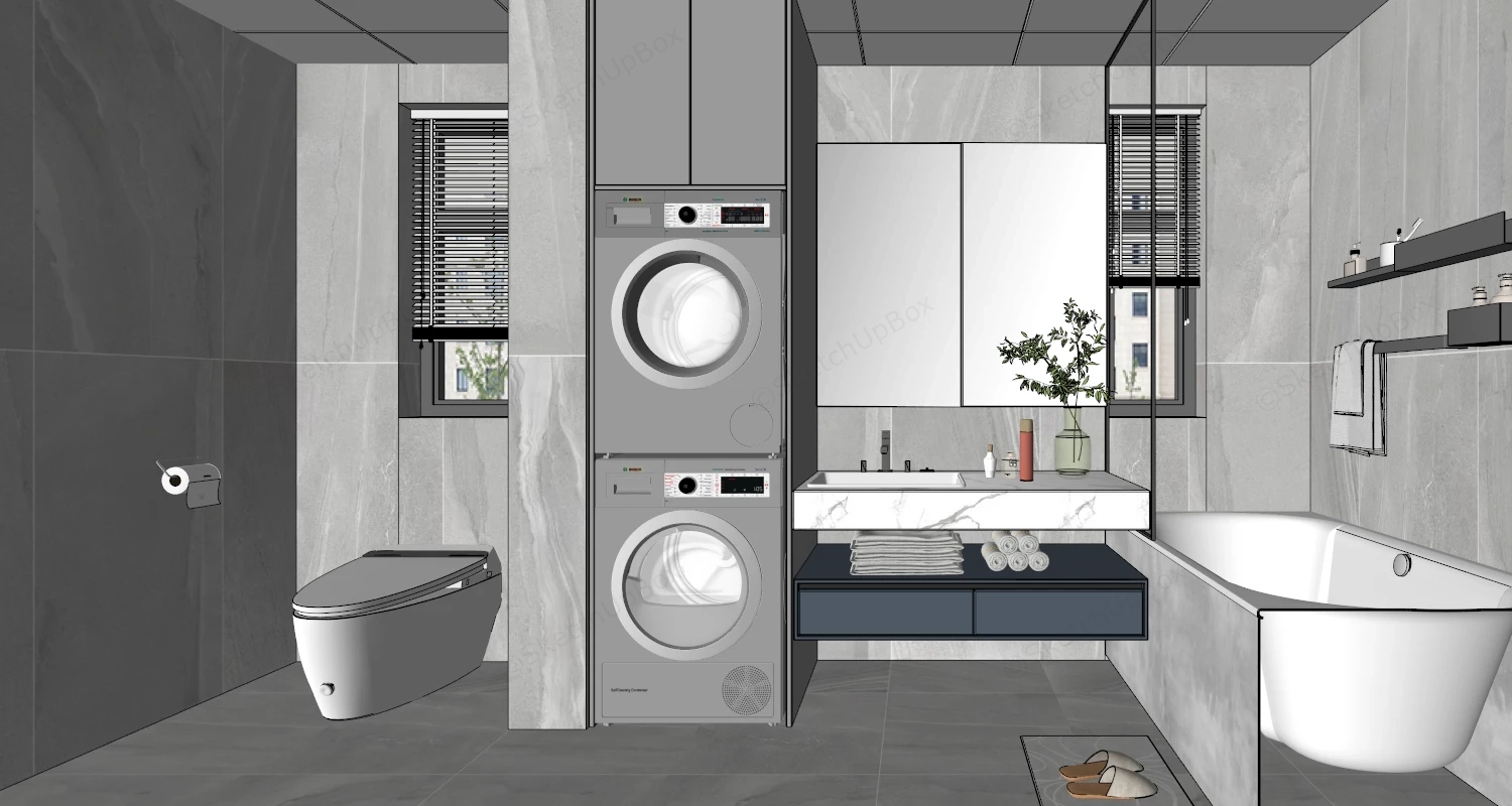 Modern Bathroom With Washer And Dryer sketchup model preview - SketchupBox