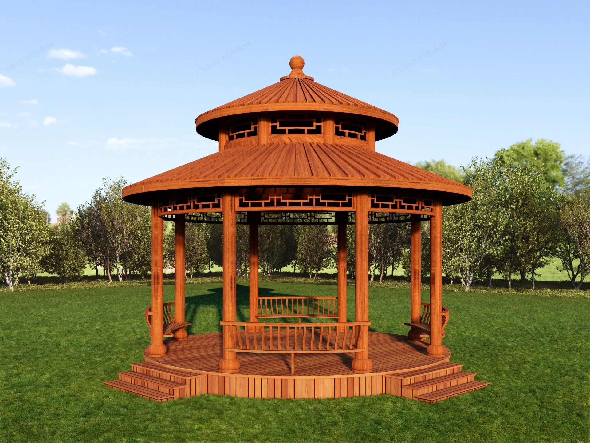Traditional Asian Style Wooden Gazebo sketchup model preview - SketchupBox