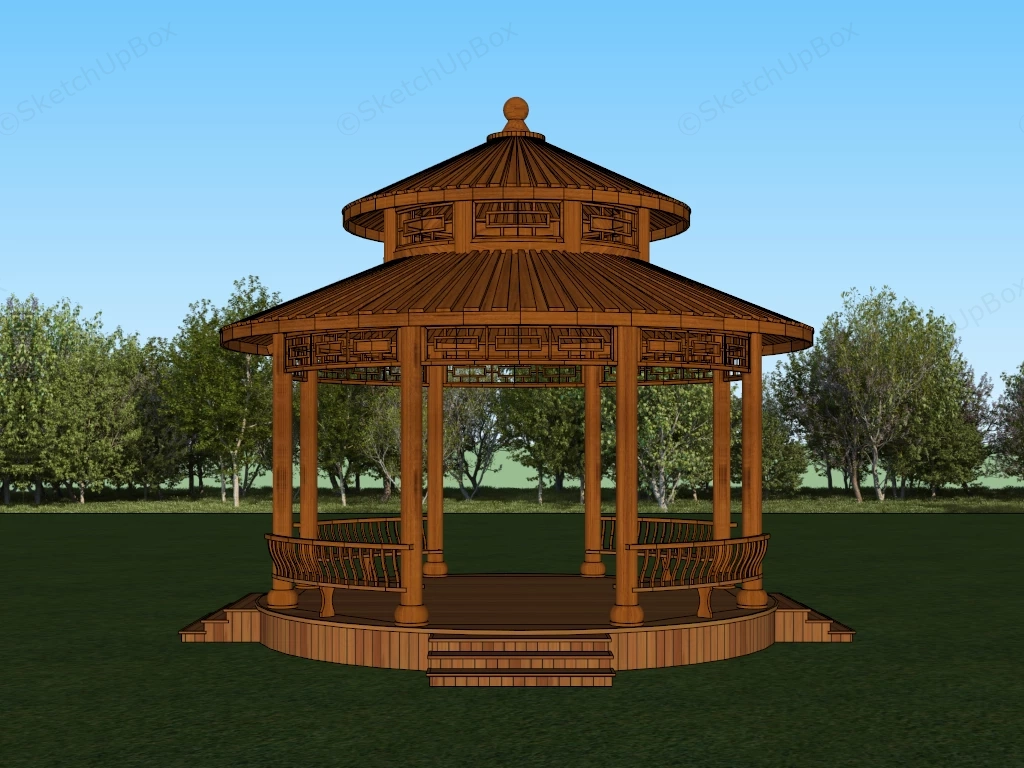 Traditional Asian Style Wooden Gazebo sketchup model preview - SketchupBox