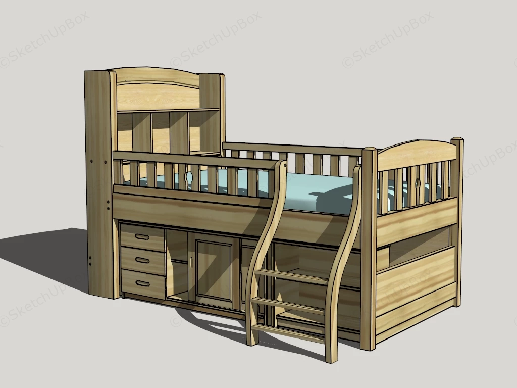 Wooden Loft Bed With Integrated Storage sketchup model preview - SketchupBox
