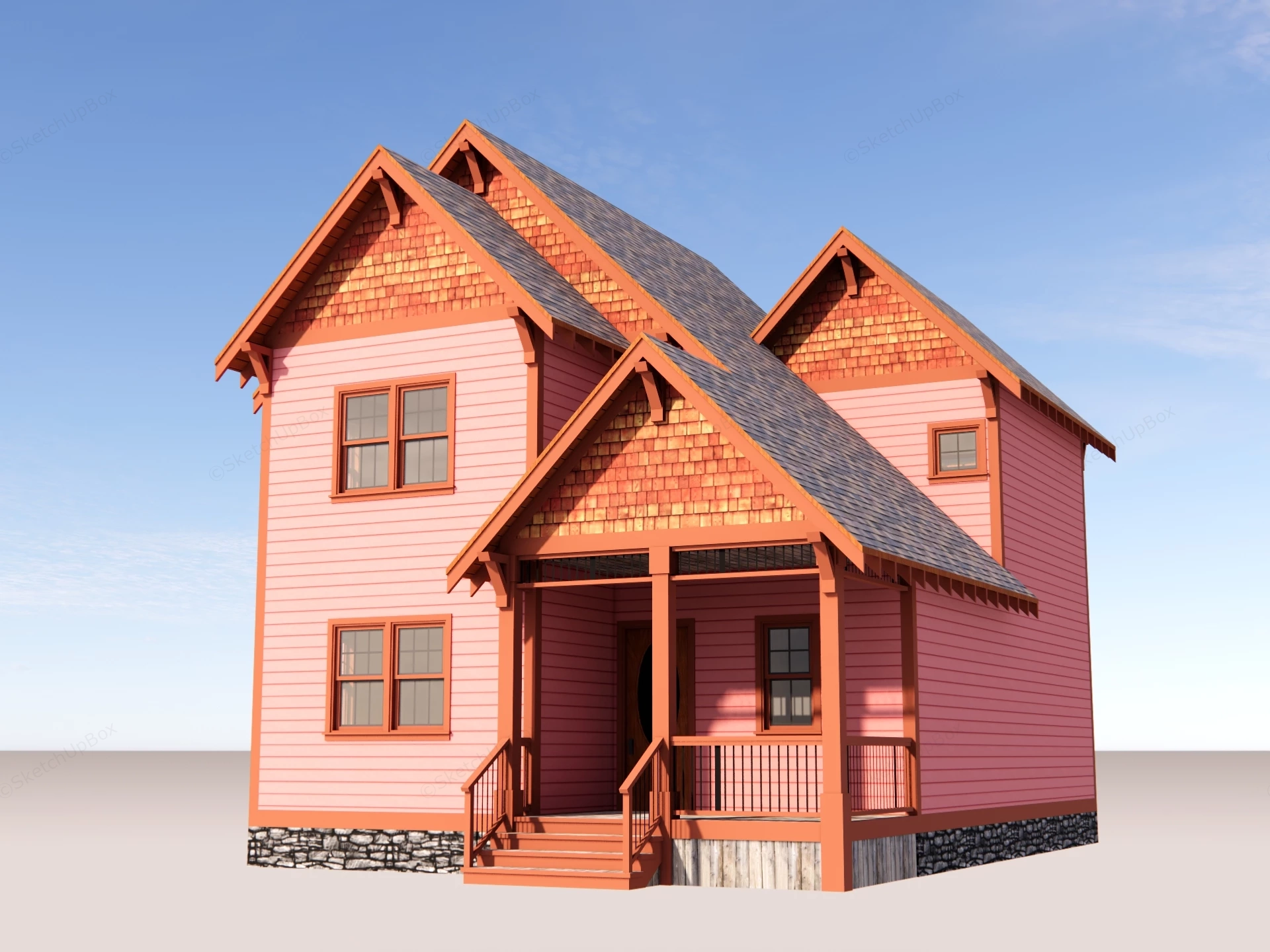 Pink 2 Story Craftsman Style House sketchup model preview - SketchupBox