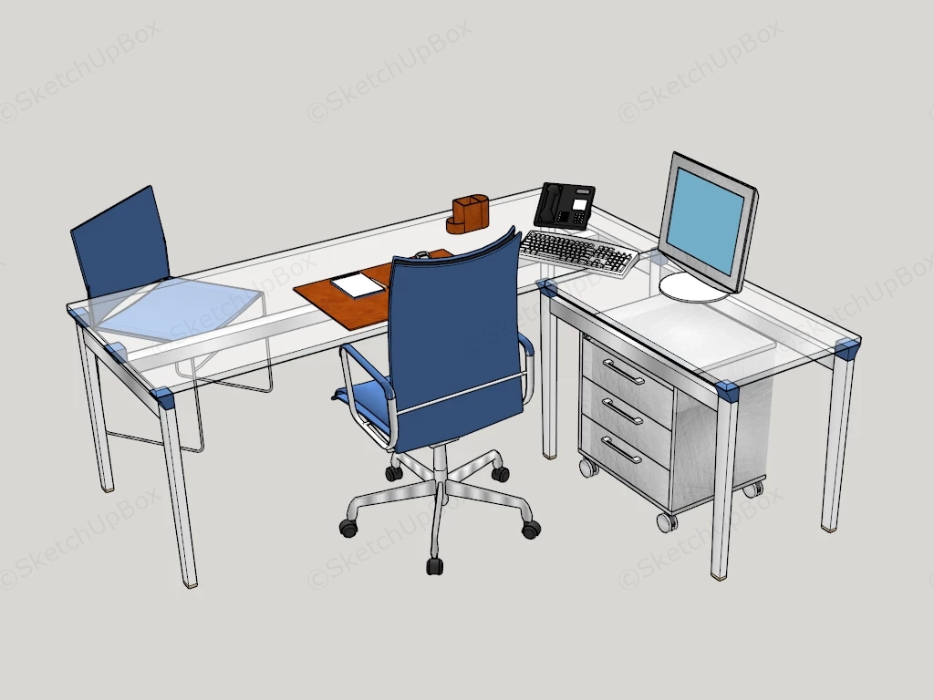 L Shaped Glass Office Desk Setup sketchup model preview - SketchupBox