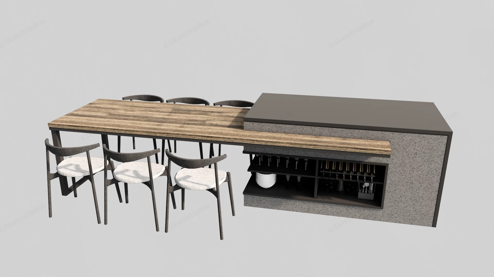Modern Kitchen Island Integrated Dining Table sketchup model preview - SketchupBox