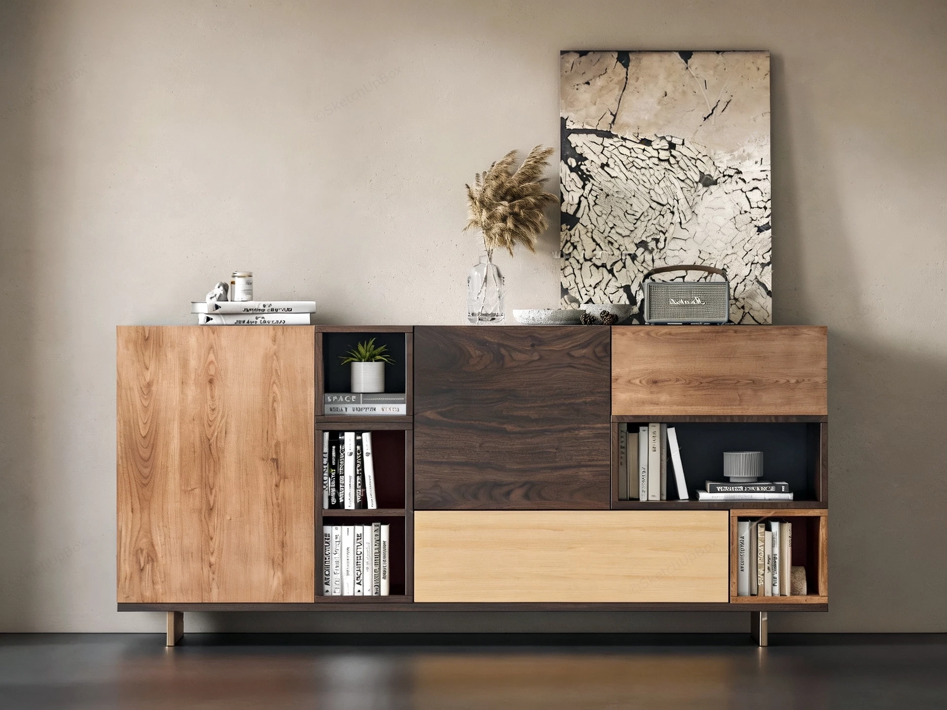 Modern Asymmetric Wood Patchwork Sideboard sketchup model preview - SketchupBox
