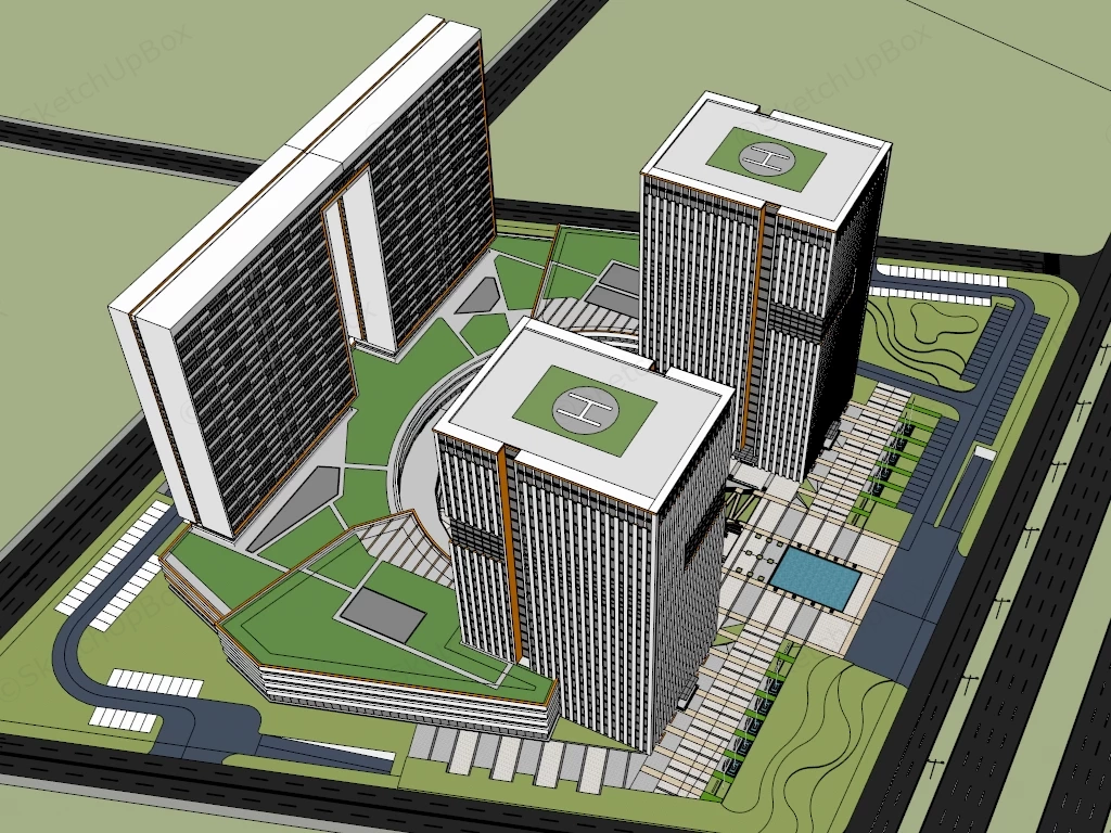 Large Modern Commercial Building Complex sketchup model preview - SketchupBox