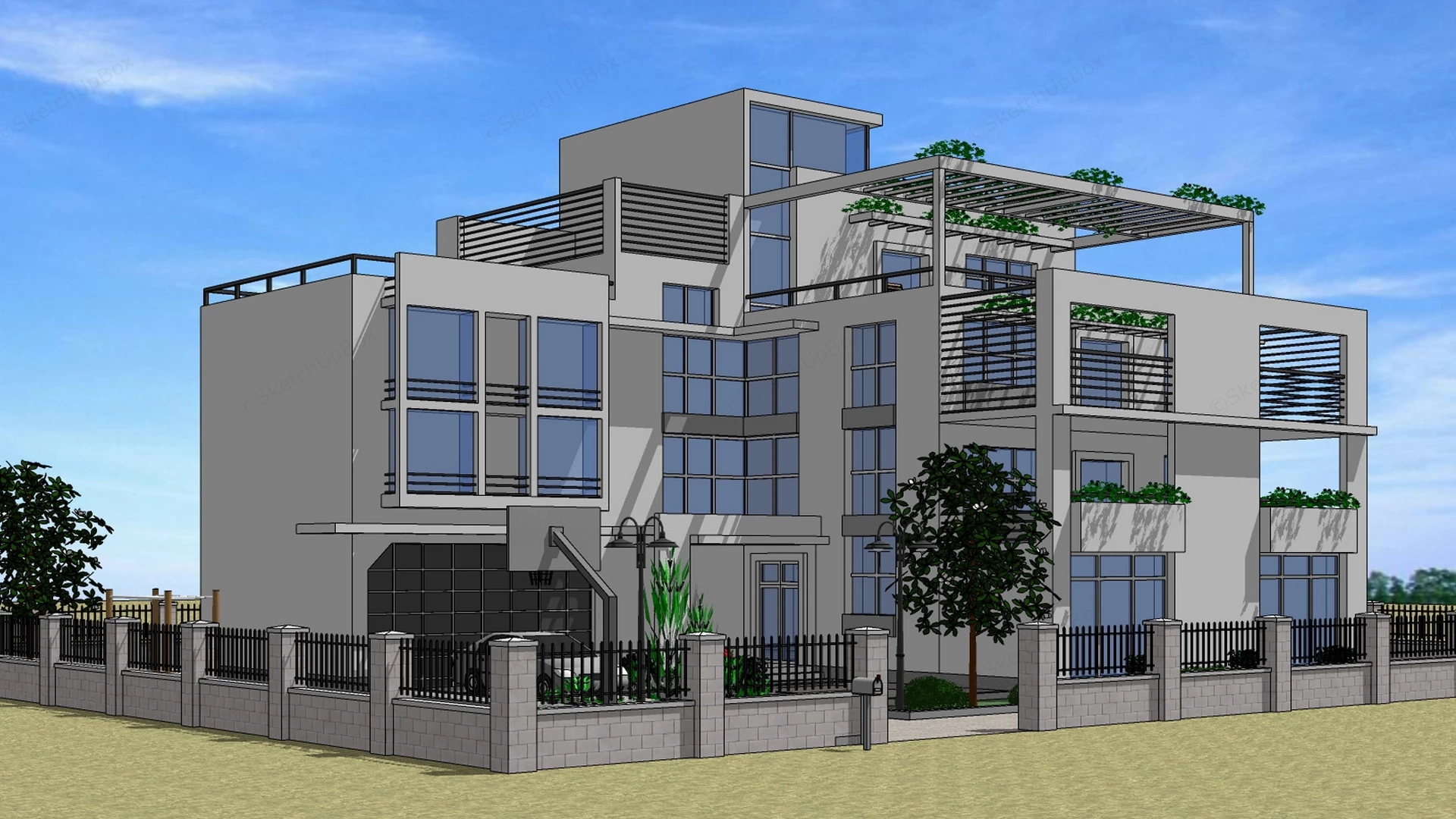 Modern Multi Story Residential Villa sketchup model preview - SketchupBox