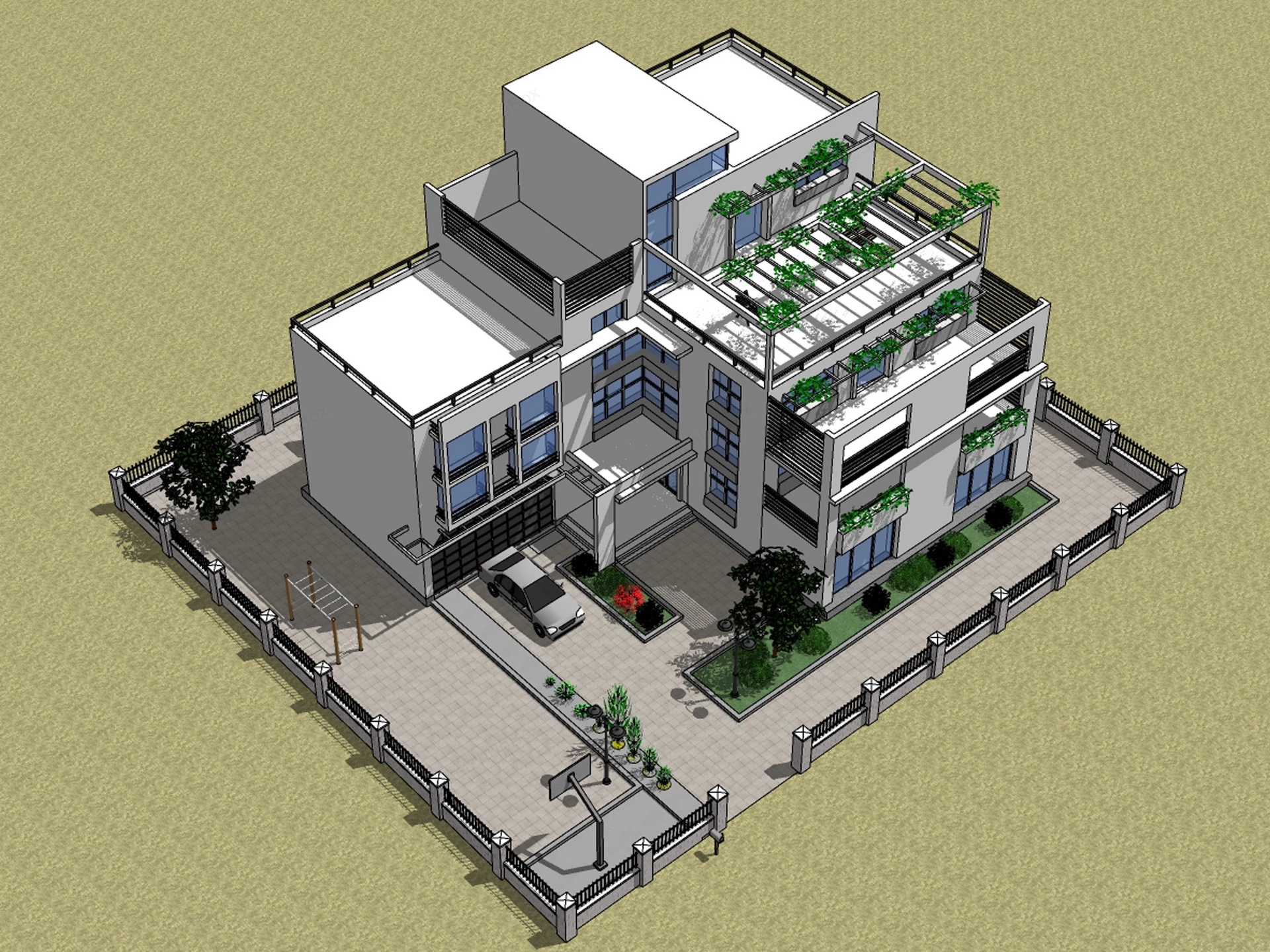 Modern Multi Story Residential Villa sketchup model preview - SketchupBox