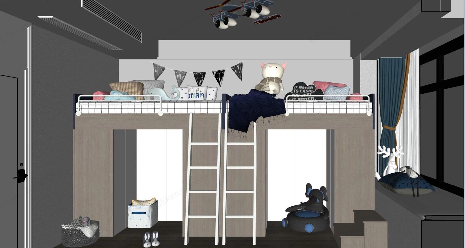 Space Saving Shared Children's Bedroom Layout sketchup model preview - SketchupBox
