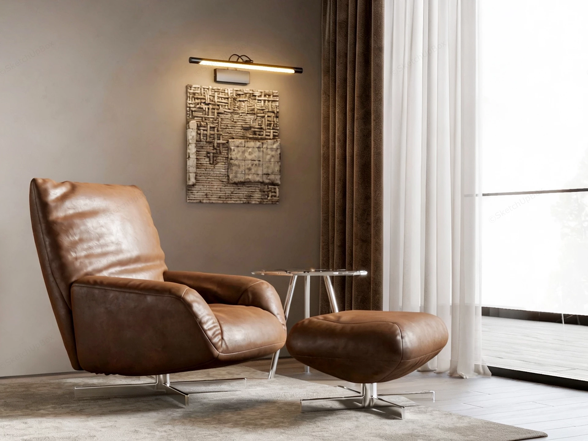 Brown Leather Lounge Chair And Ottoman sketchup model preview - SketchupBox