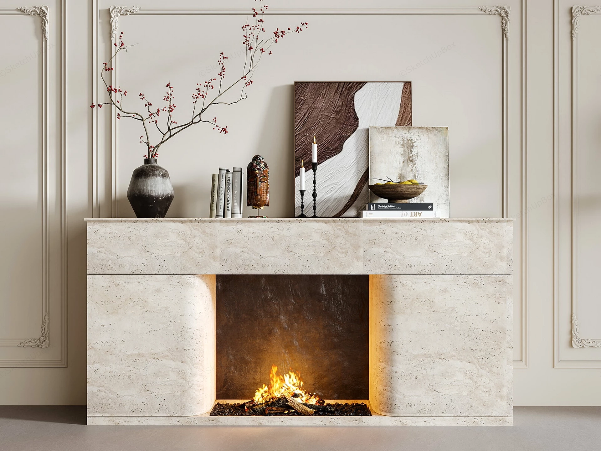 Modern Travertine Stone Fireplace Mantel sketchup model preview - SketchupBox