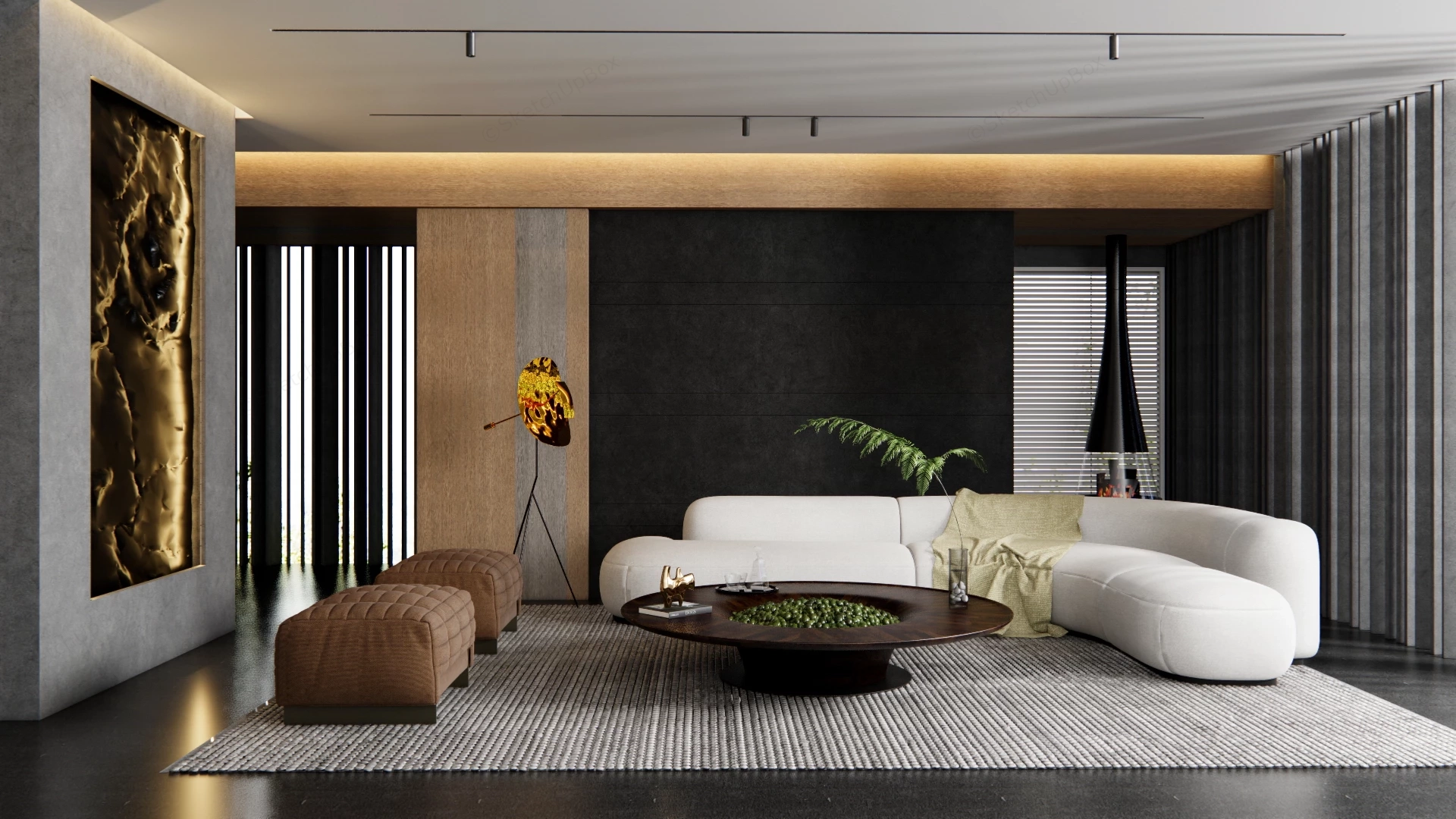 Luxurious Dark Themed Brutalist Living Room sketchup model preview - SketchupBox