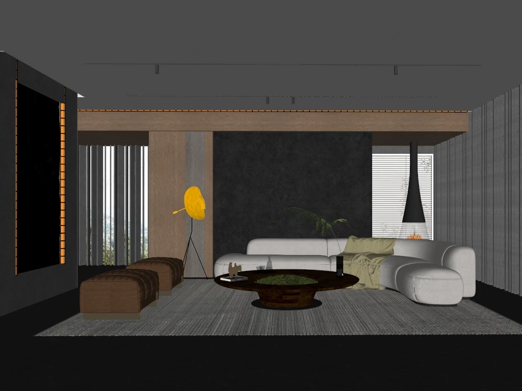 Luxurious Dark Themed Brutalist Living Room sketchup model preview - SketchupBox