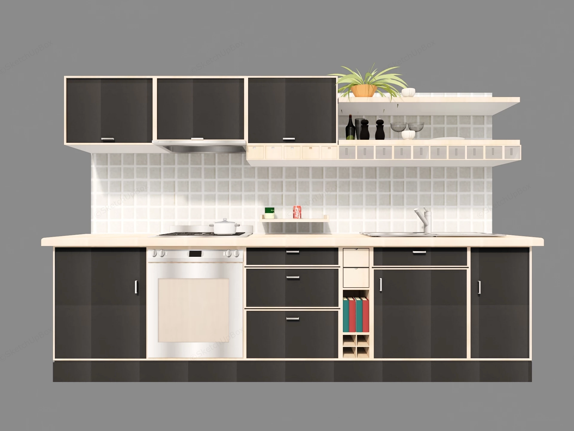 Modern Single Wall Modular Kitchen Unit sketchup model preview - SketchupBox