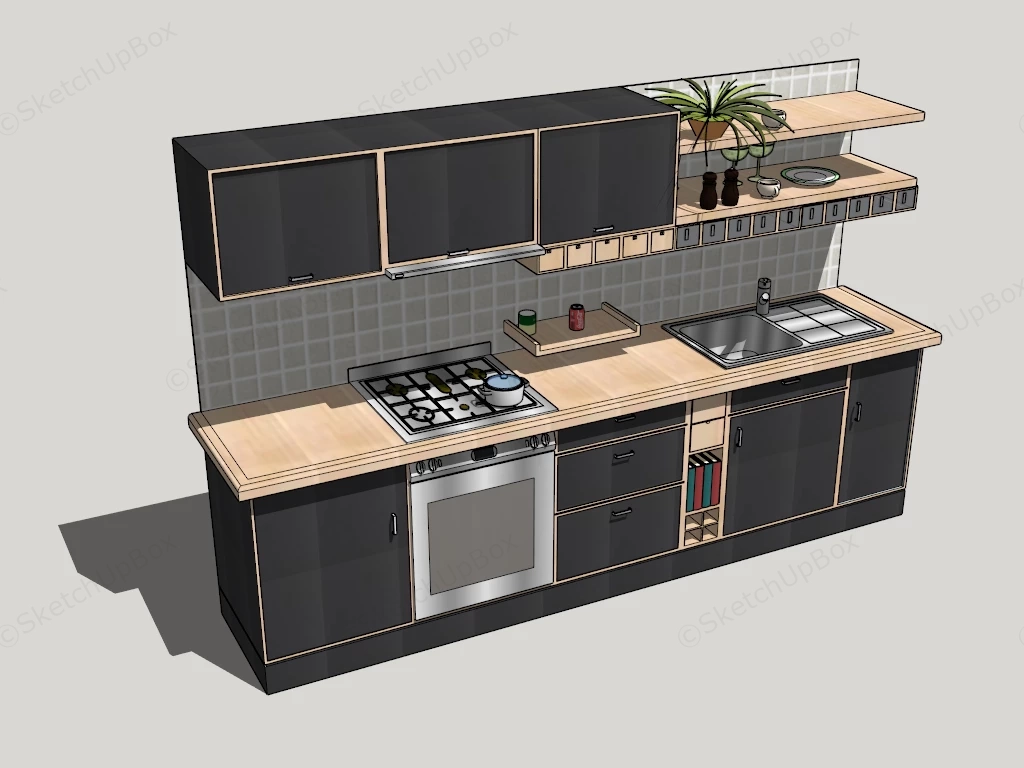 Modern Single Wall Modular Kitchen Unit sketchup model preview - SketchupBox