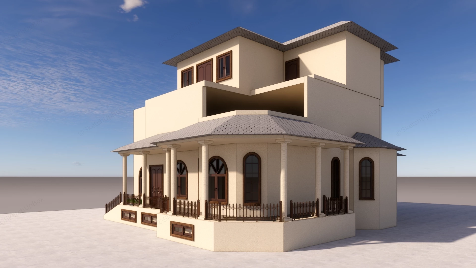Multi Story Mediterranean Style Home sketchup model preview - SketchupBox