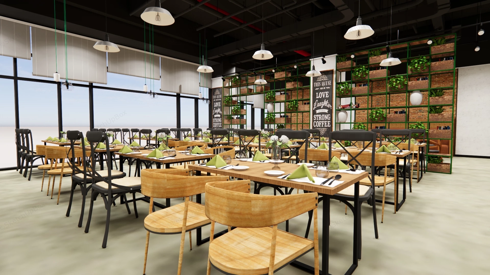 Spacious Modern Industrial Style Restaurant Layout sketchup model preview - SketchupBox