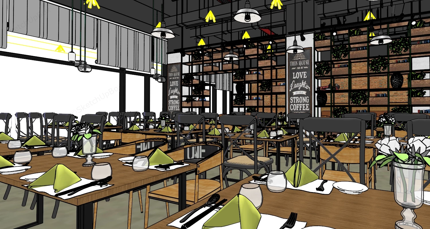 Spacious Modern Industrial Style Restaurant Layout sketchup model preview - SketchupBox