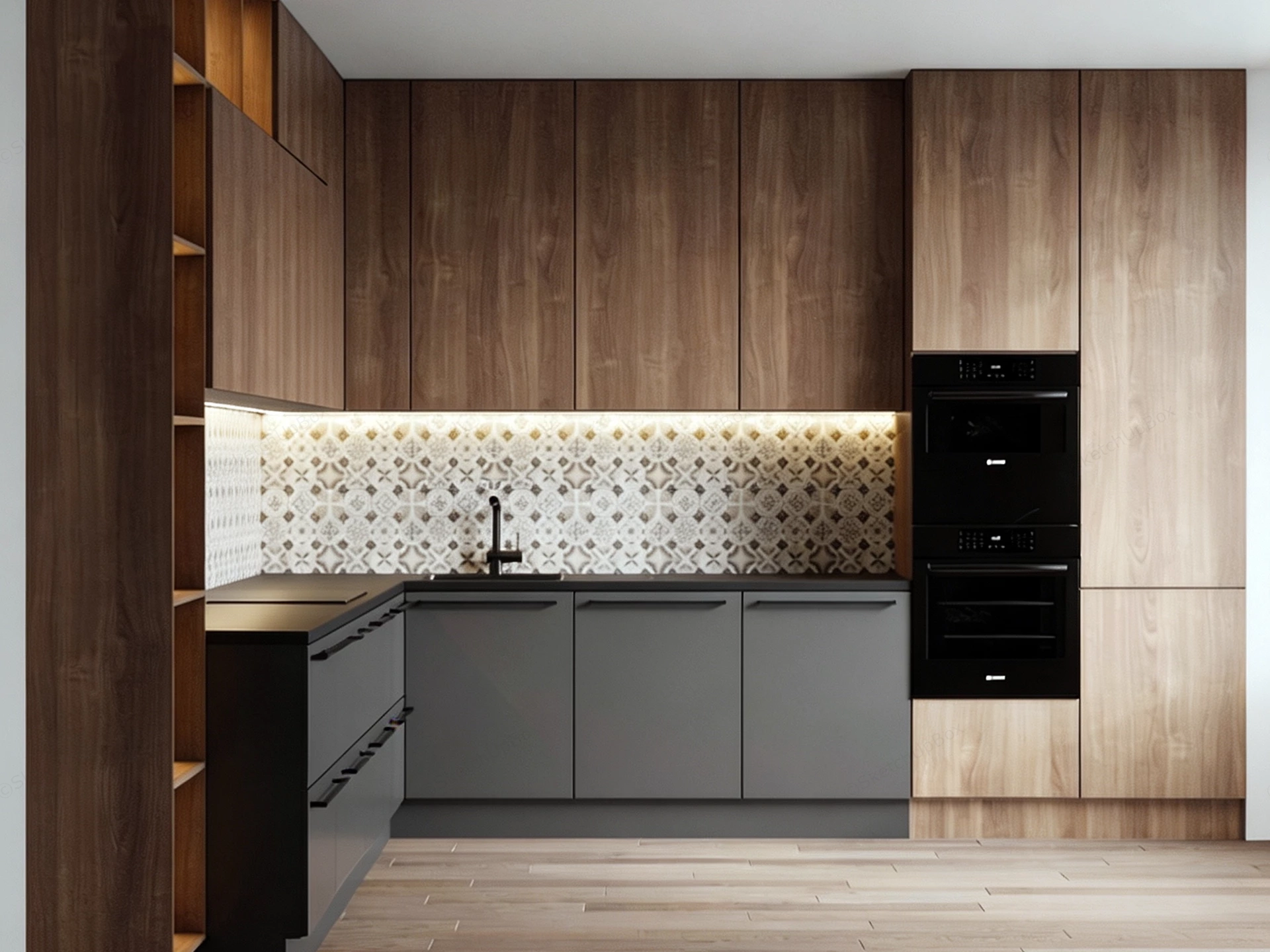 Modern Minimalist L Shaped Kitchen sketchup model preview - SketchupBox