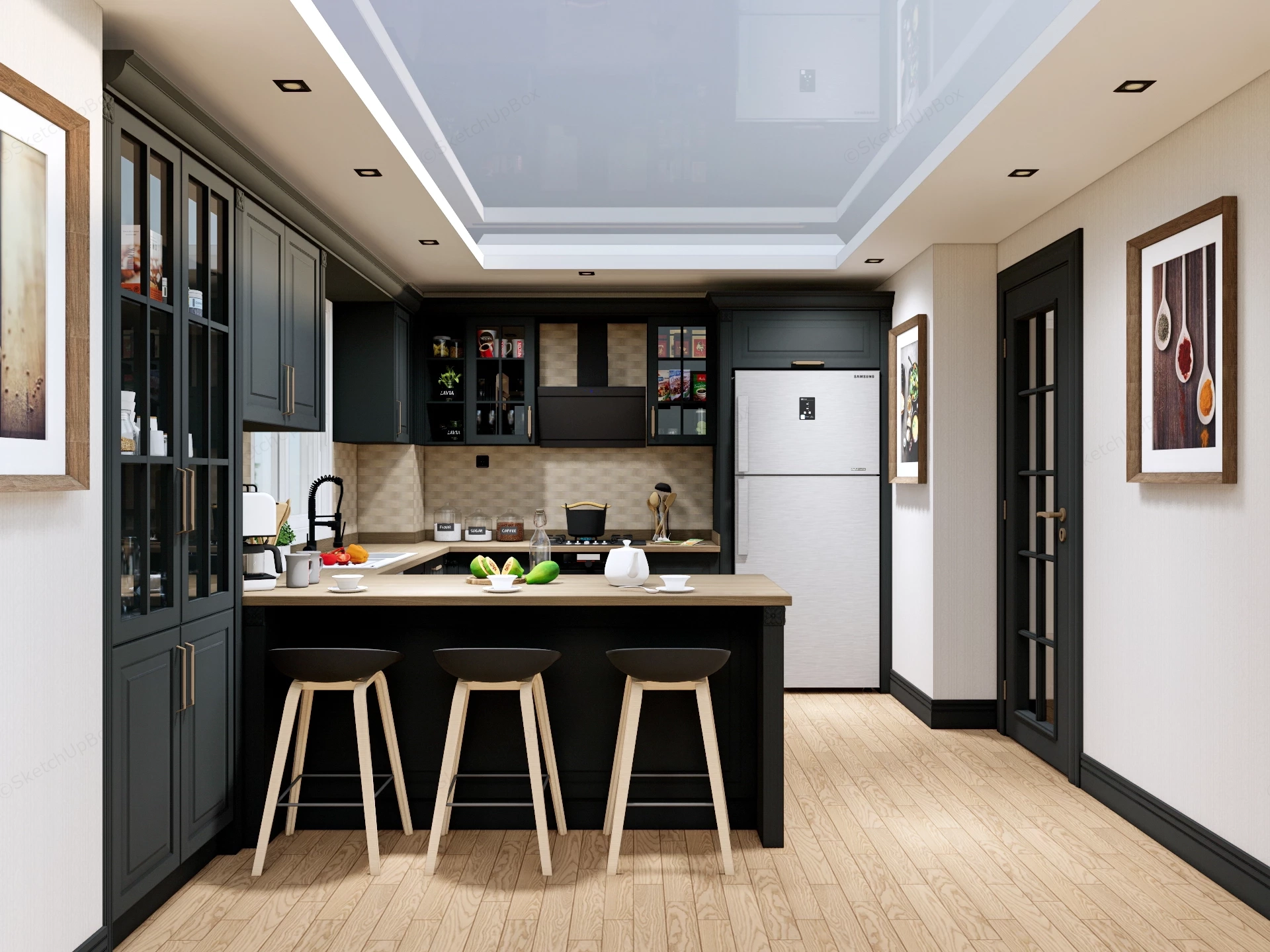 Modern Farmhouse U Shaped Kitchen Layout sketchup model preview - SketchupBox