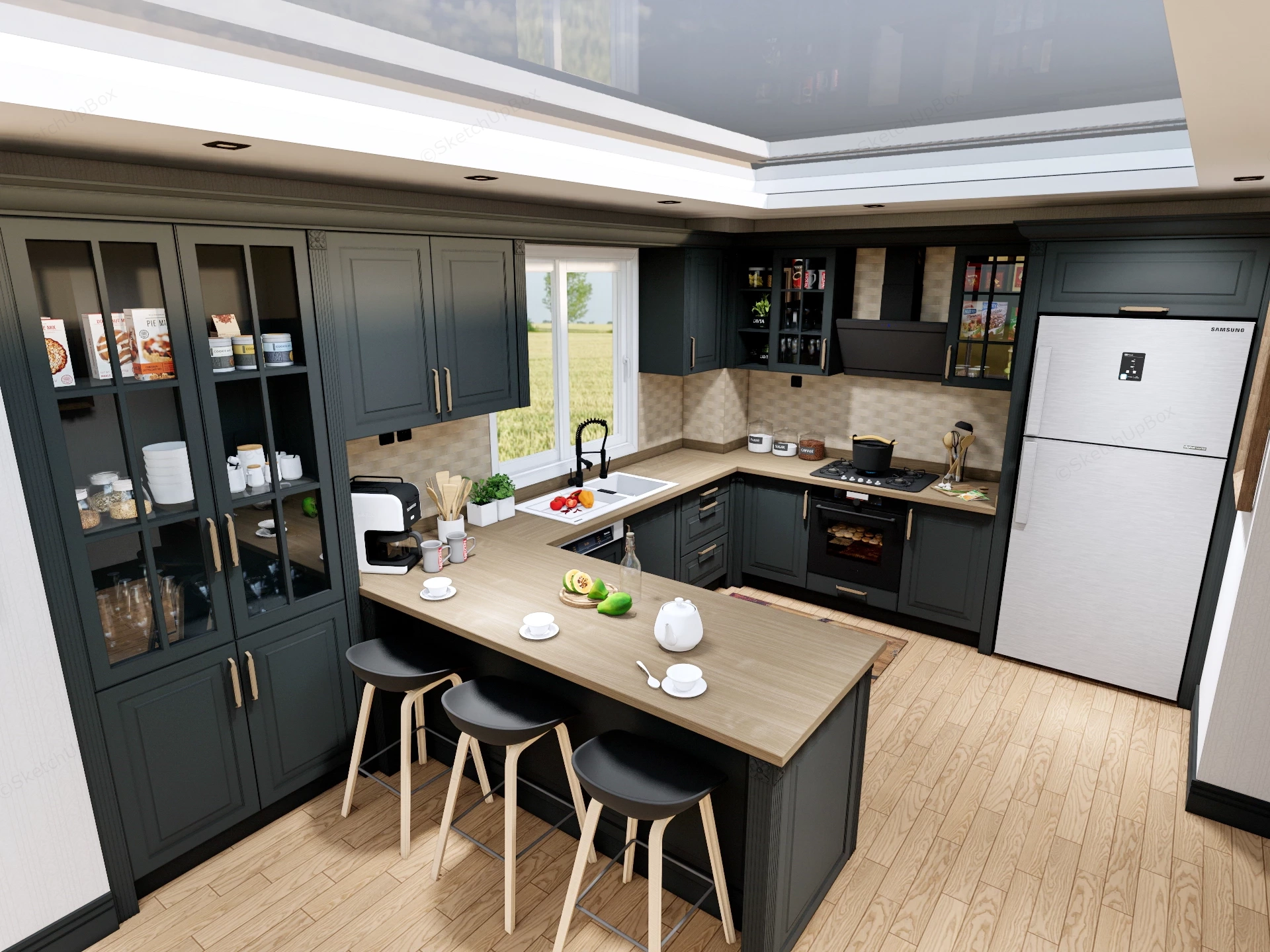 Modern Farmhouse U Shaped Kitchen Layout sketchup model preview - SketchupBox