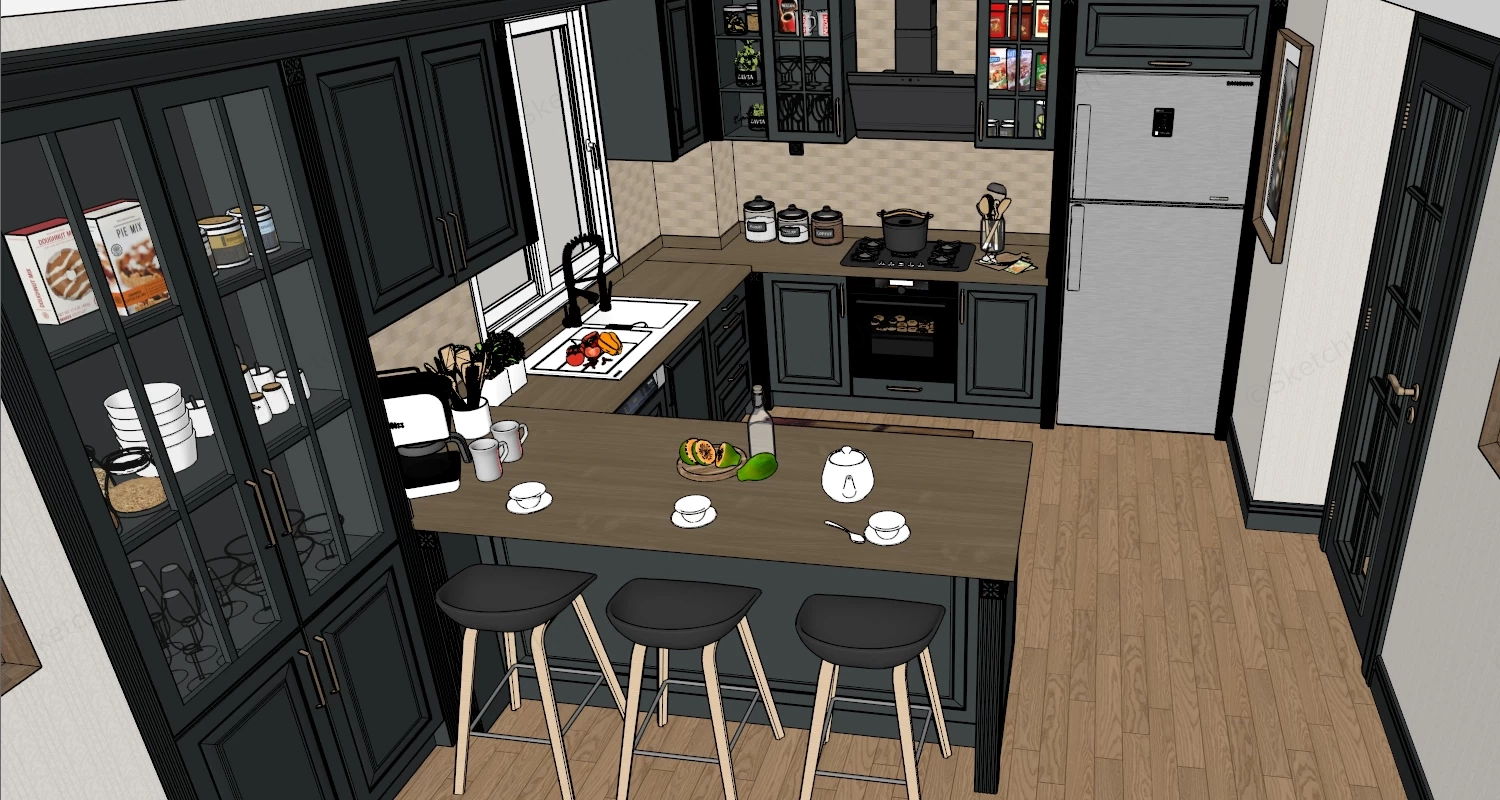 Modern Farmhouse U Shaped Kitchen Layout sketchup model preview - SketchupBox