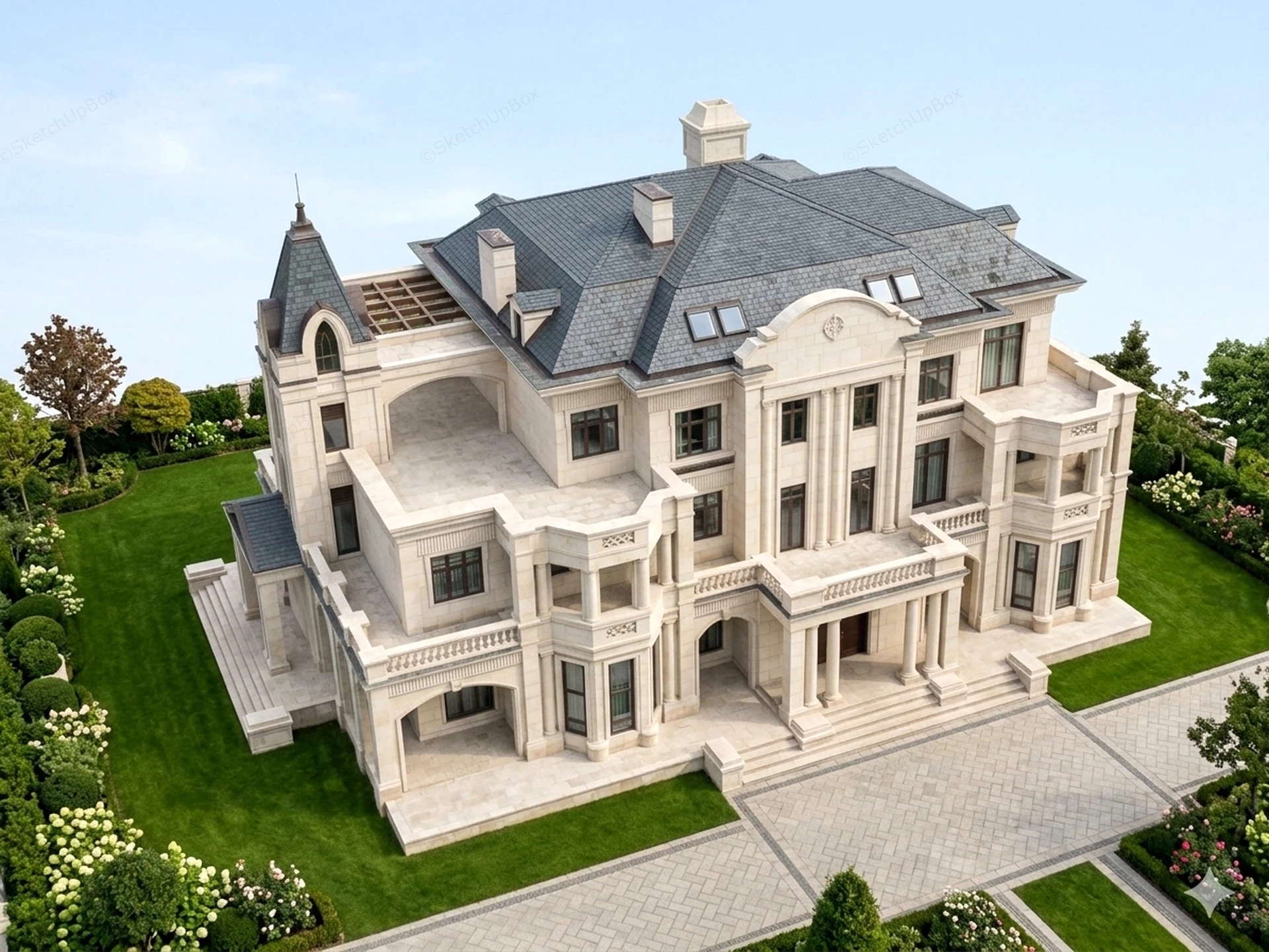 Grand Three Story French Beaux Arts Mansion sketchup model preview - SketchupBox