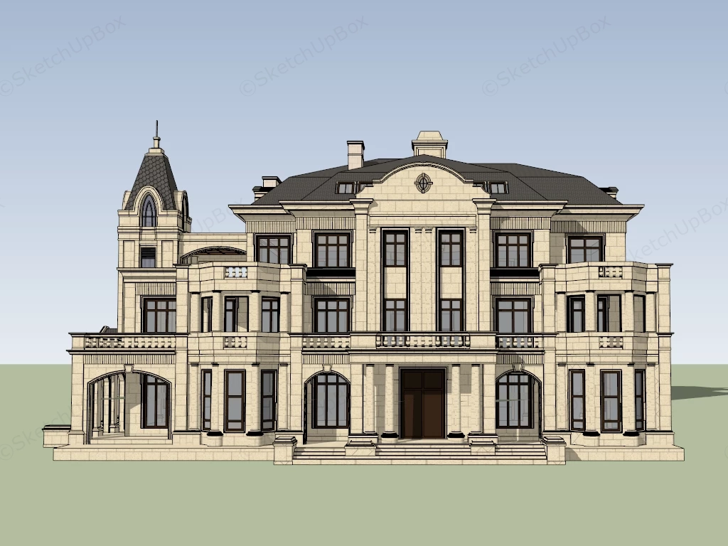 Grand Three Story French Beaux Arts Mansion sketchup model preview - SketchupBox