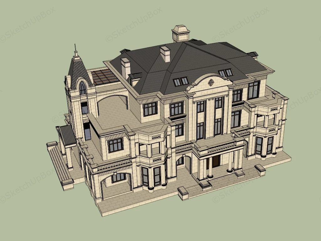 Grand Three Story French Beaux Arts Mansion sketchup model preview - SketchupBox