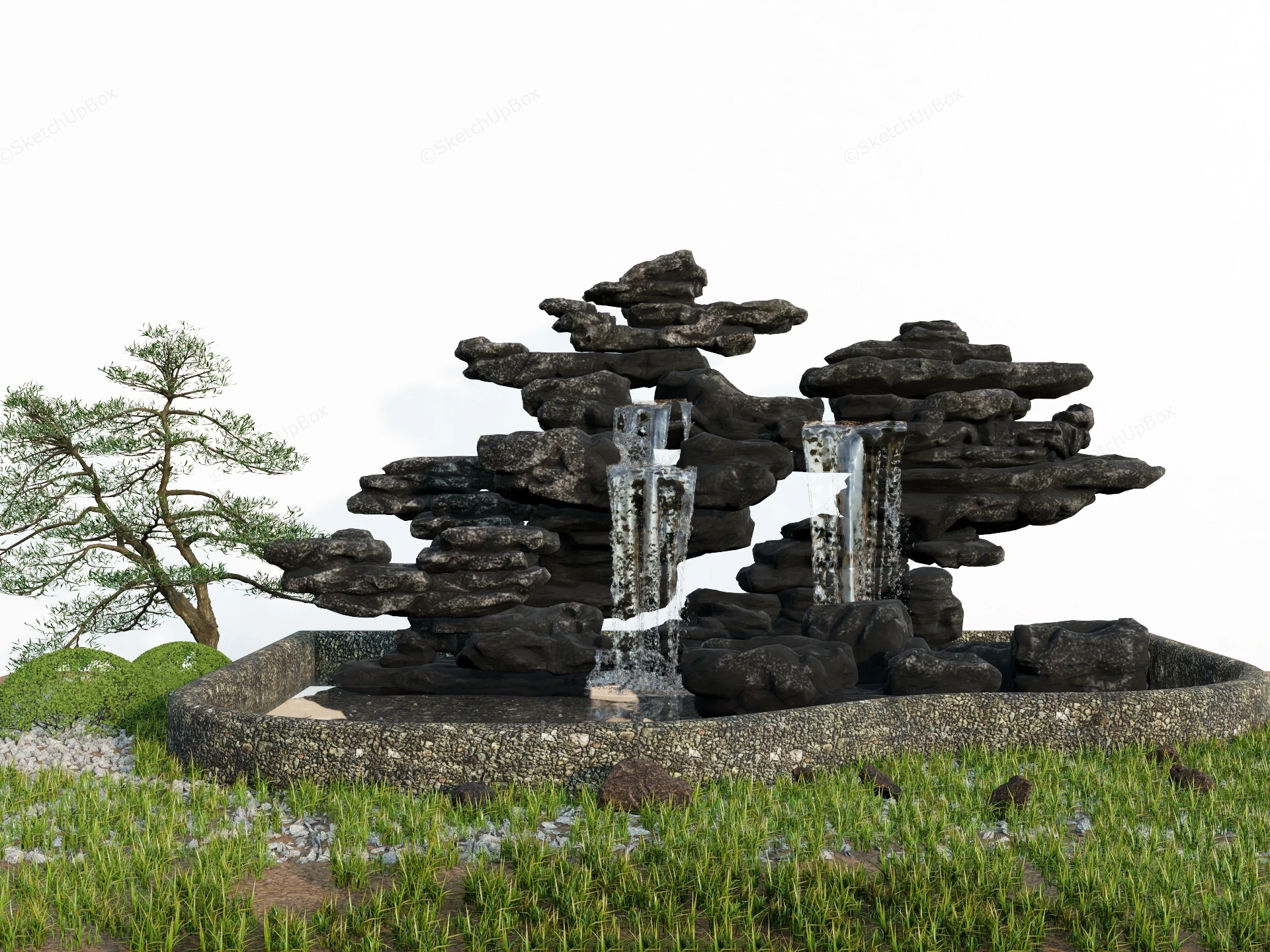 Asian Inspired Rock Waterfall sketchup model preview - SketchupBox