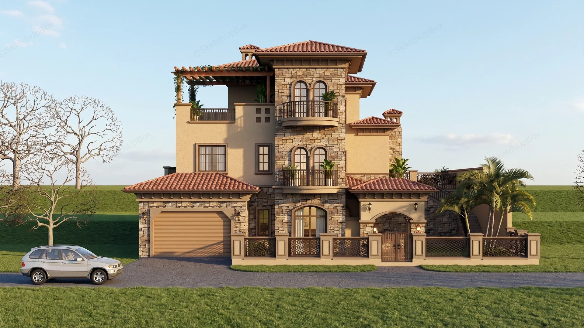 Multi Story Tuscan Style Villa sketchup model preview - SketchupBox