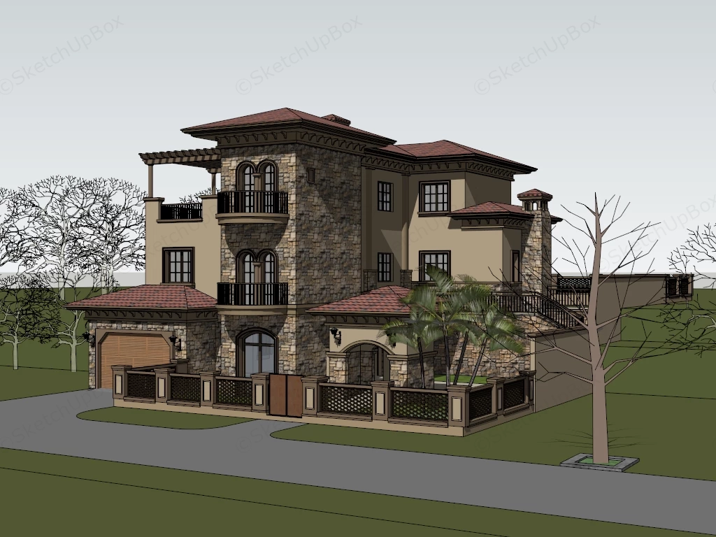 Multi Story Tuscan Style Villa sketchup model preview - SketchupBox