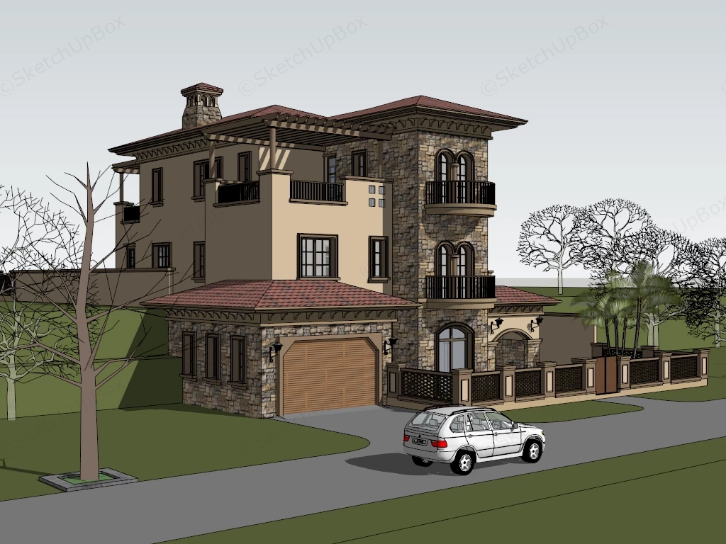 Multi Story Tuscan Style Villa sketchup model preview - SketchupBox