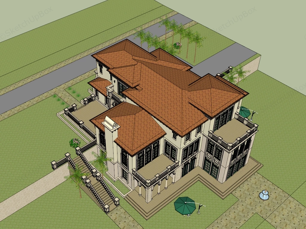 Spanish Colonial Revival And Italianate Hybrid Mansion sketchup model preview - SketchupBox