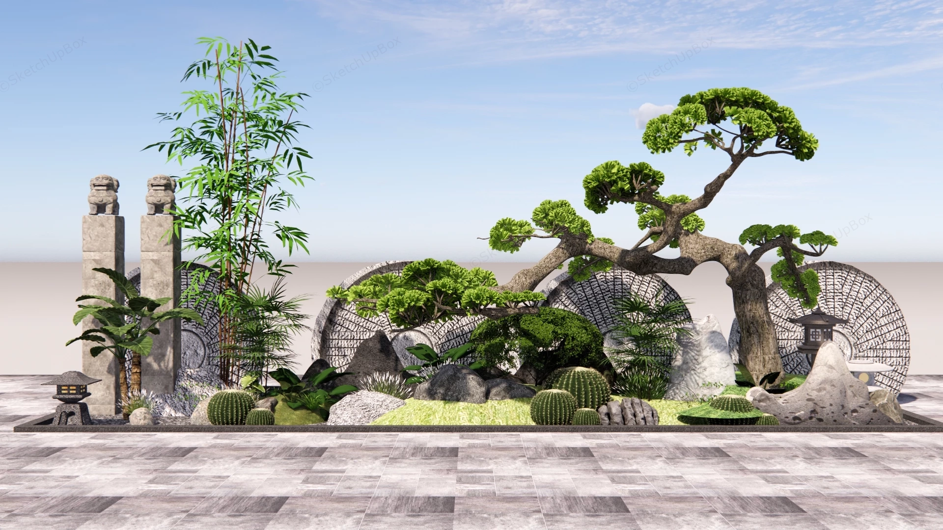 Modern Asian Fusion Rock Garden Installation sketchup model preview - SketchupBox