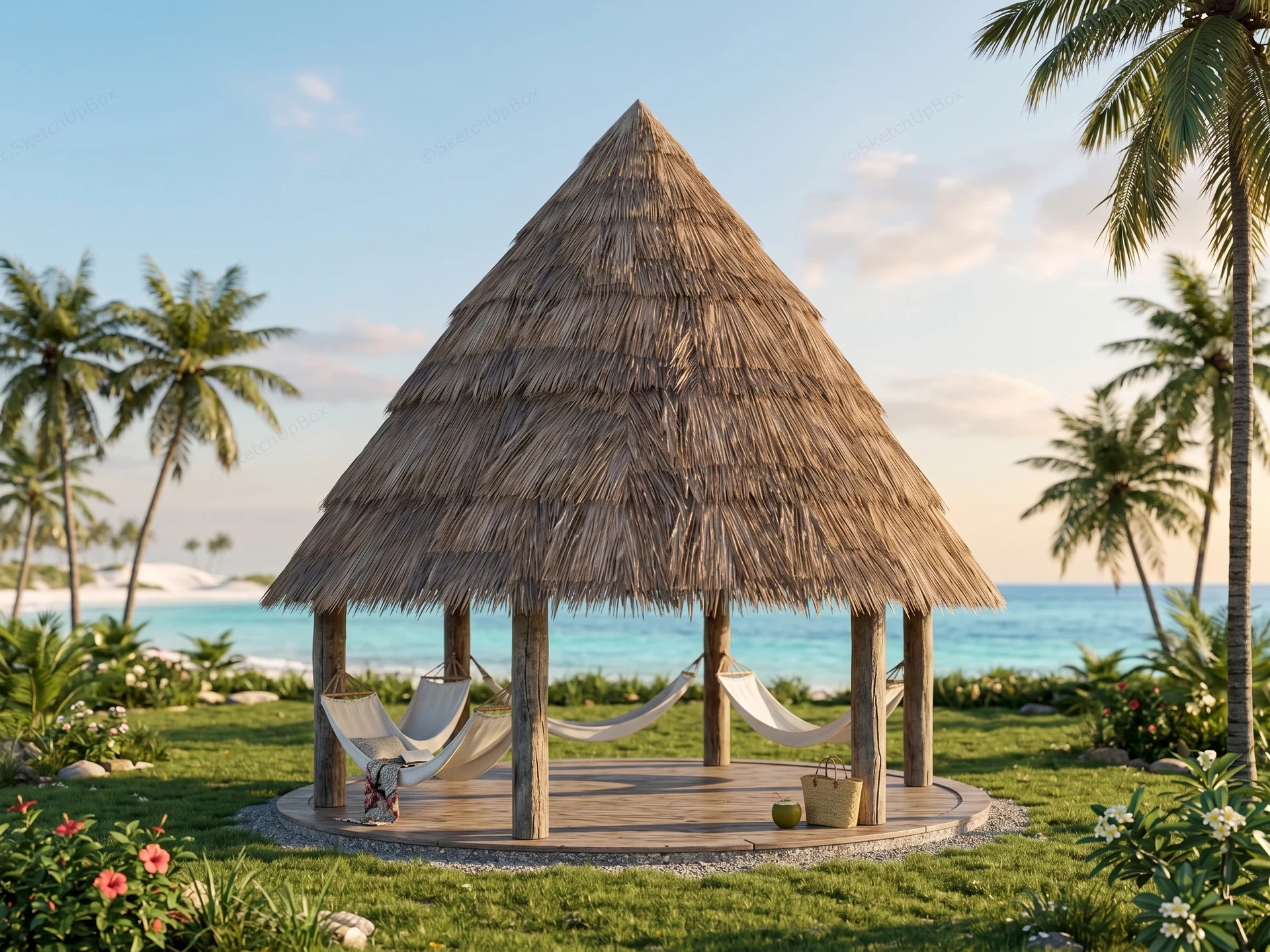 Tropical Thatched Roof Gazebo sketchup model preview - SketchupBox