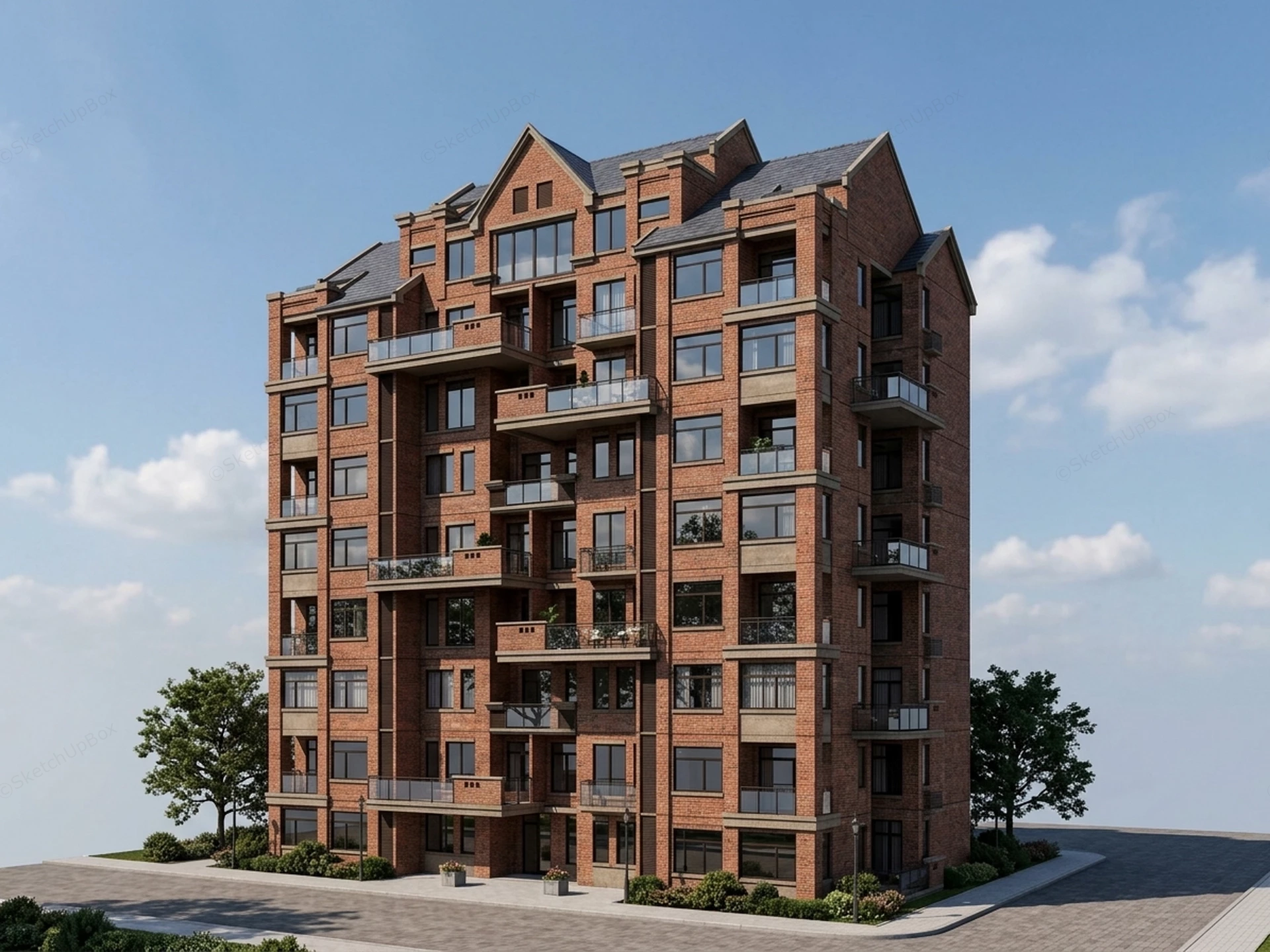Mid Rise Brick Apartment Building sketchup model preview - SketchupBox