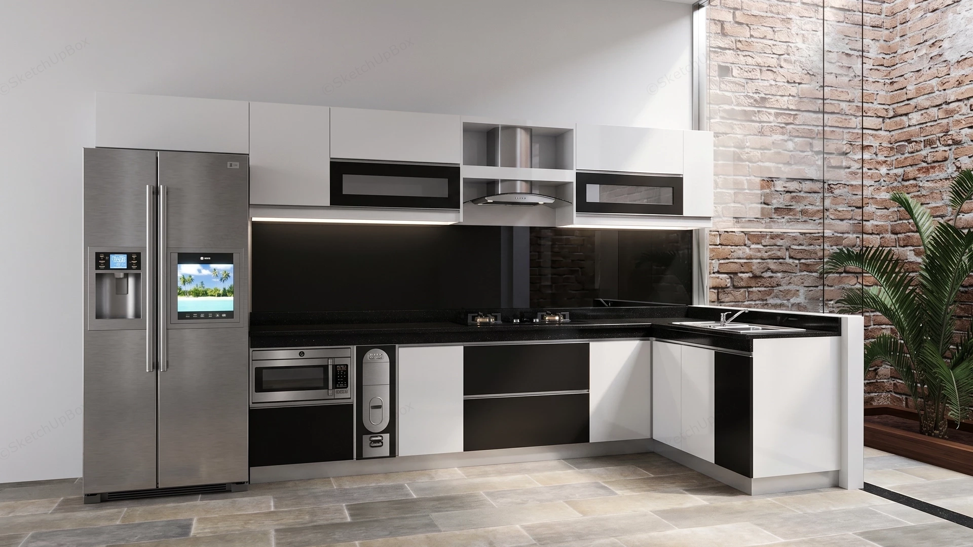Contemporary High Tech L Shaped Kitchen Design sketchup model preview - SketchupBox