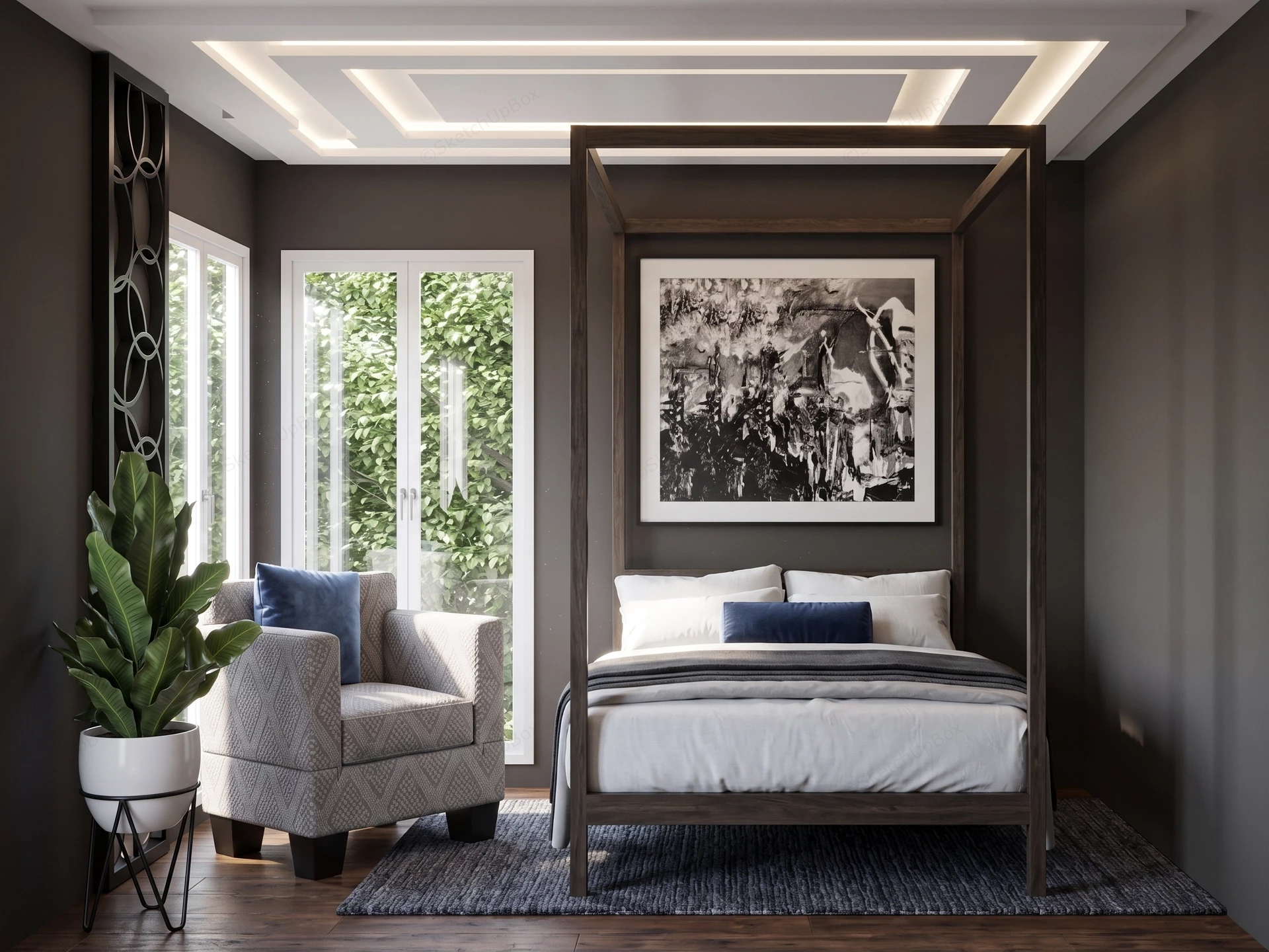 Small Sophisticated & Moody Bedroom sketchup model preview - SketchupBox
