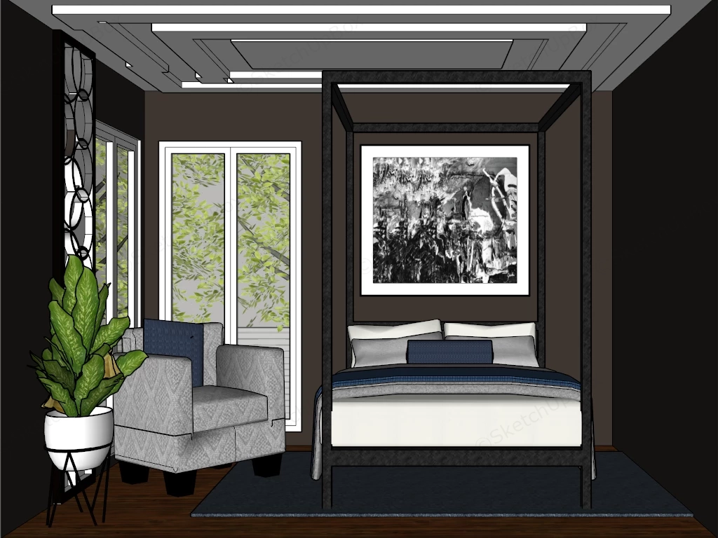Small Sophisticated & Moody Bedroom sketchup model preview - SketchupBox
