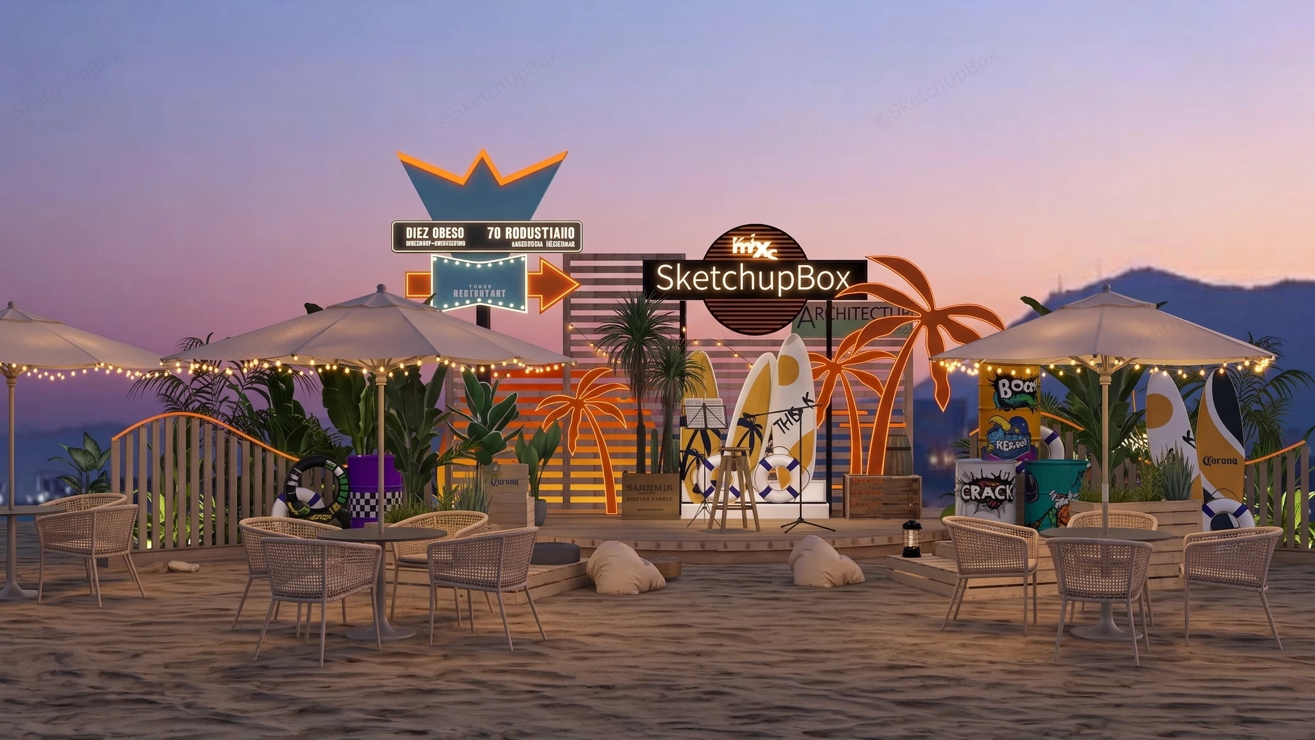 Outdoor Beach Themed Event Stage And Lounge Area sketchup model preview - SketchupBox