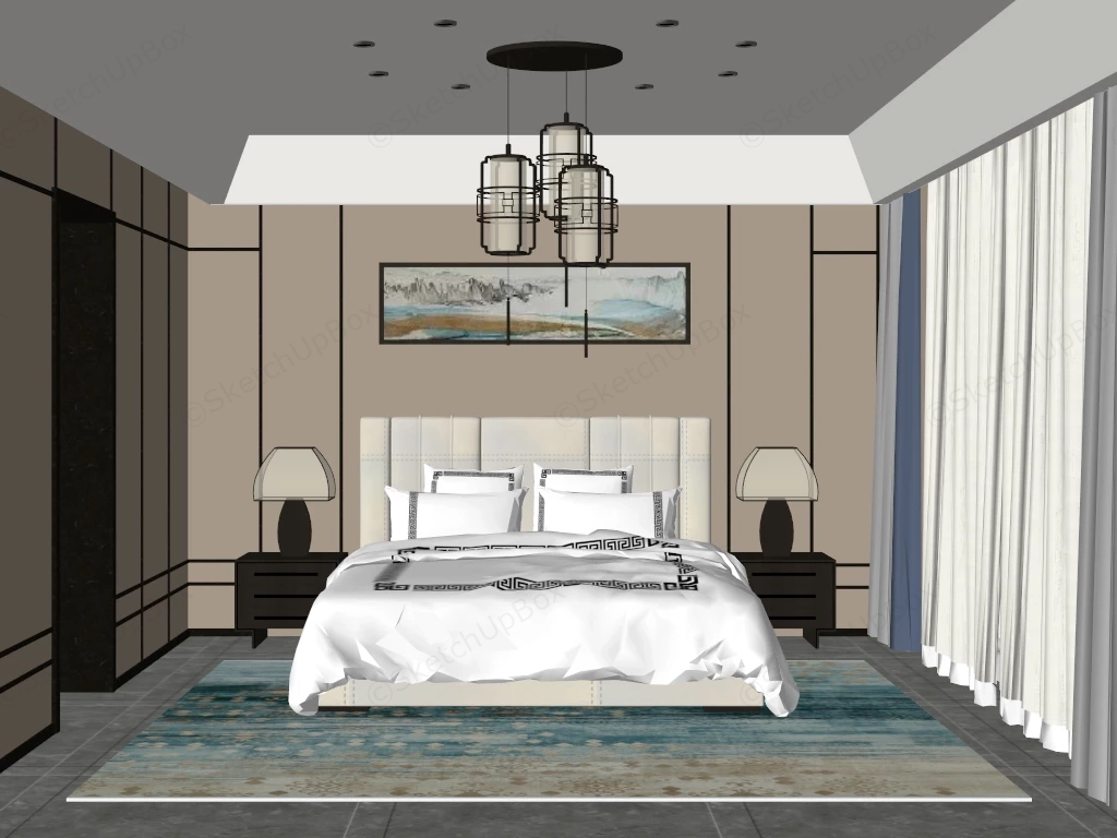 Modern Chinese Style Bedroom Design sketchup model preview - SketchupBox