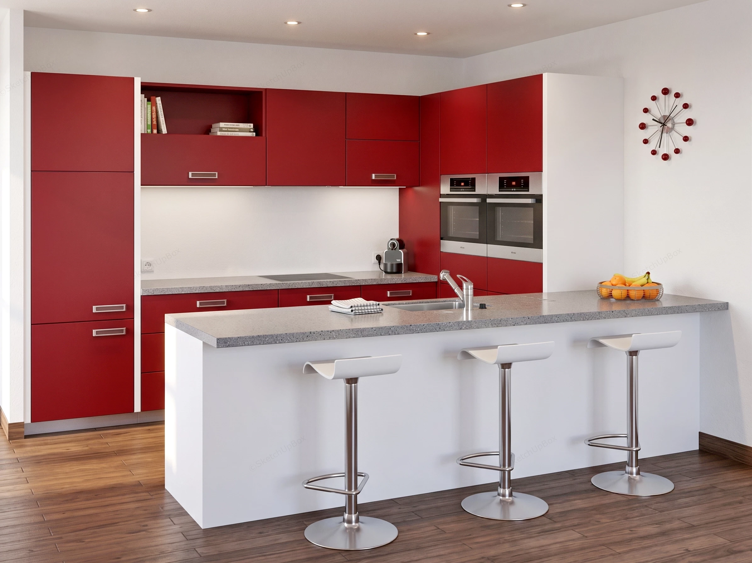 Modern Crimson & White Kitchen With Island Sketchup 3D Model Preview - SketchupBox