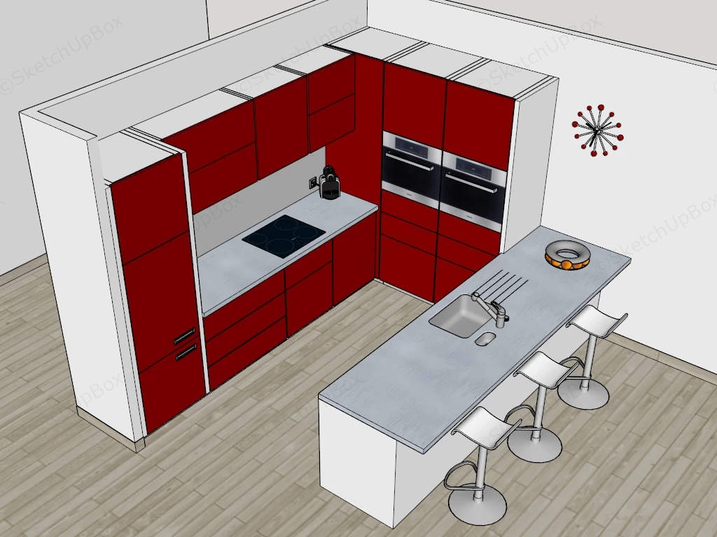 Modern Crimson & White Kitchen With Island Sketchup 3D Model Preview - SketchupBox