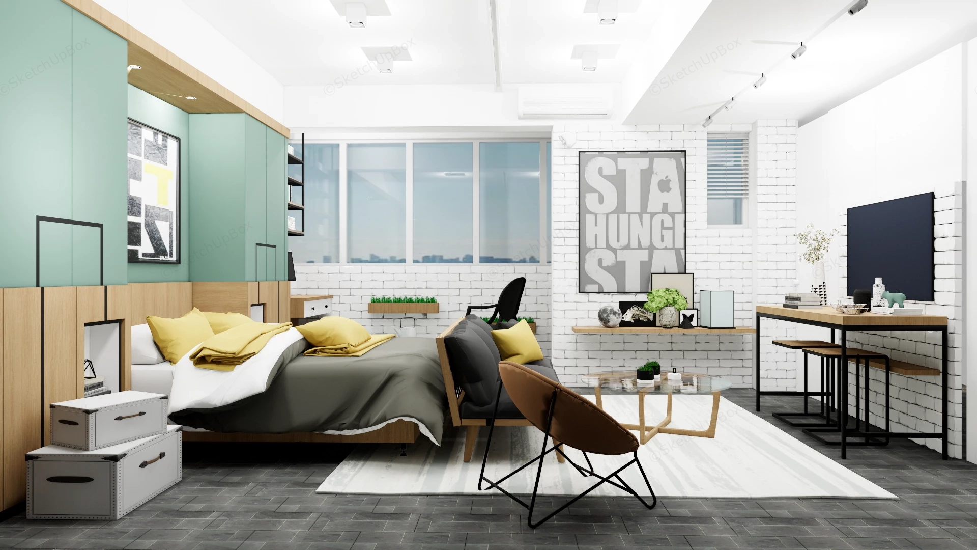 Modern Industrial Studio Apartment Interior Design Sketchup 3D Model Preview - SketchupBox