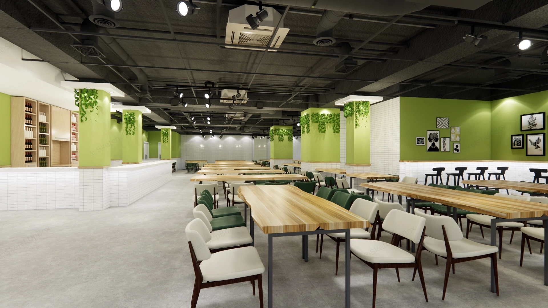 Modern Cafeteria Dining Hall Interior Scene Sketchup 3D Model Preview - SketchupBox