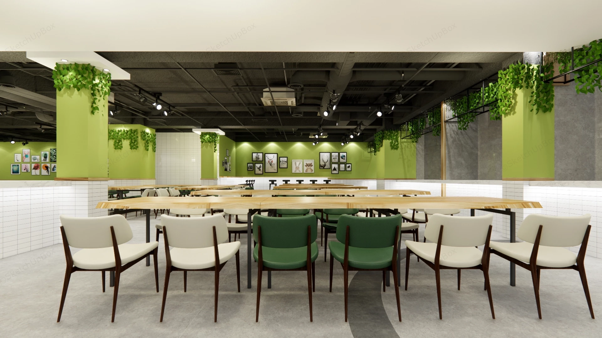 Modern Cafeteria Dining Hall Interior Scene Sketchup 3D Model Preview - SketchupBox