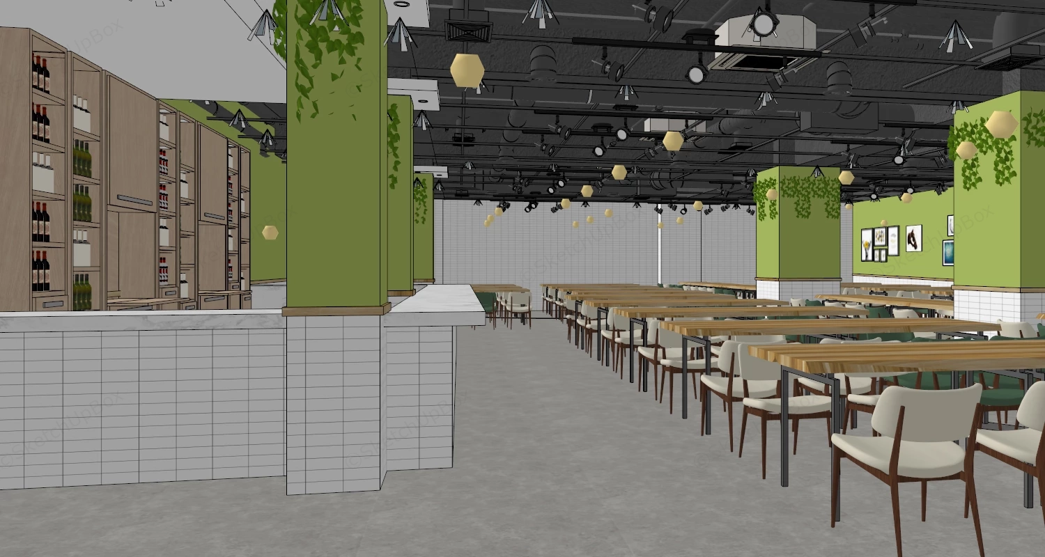 Modern Cafeteria Dining Hall Interior Scene Sketchup 3D Model Preview - SketchupBox