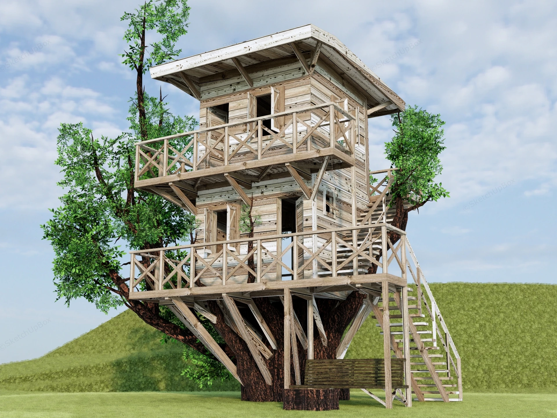 Multi Story Rustic Treehouse Sketchup 3D Model Preview - SketchupBox