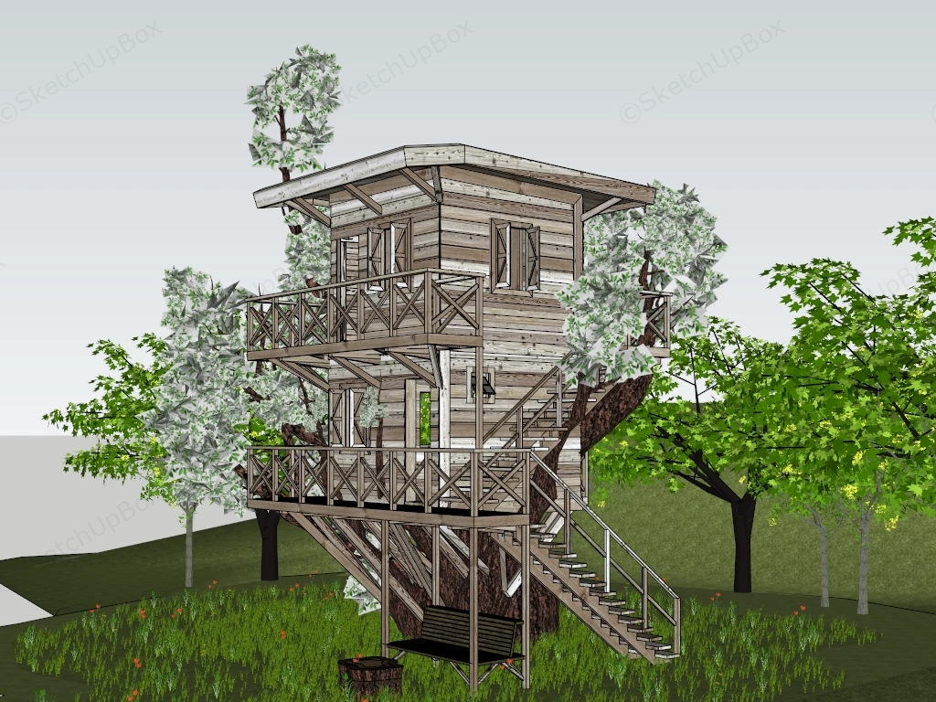 Multi Story Rustic Treehouse Sketchup 3D Model Preview - SketchupBox